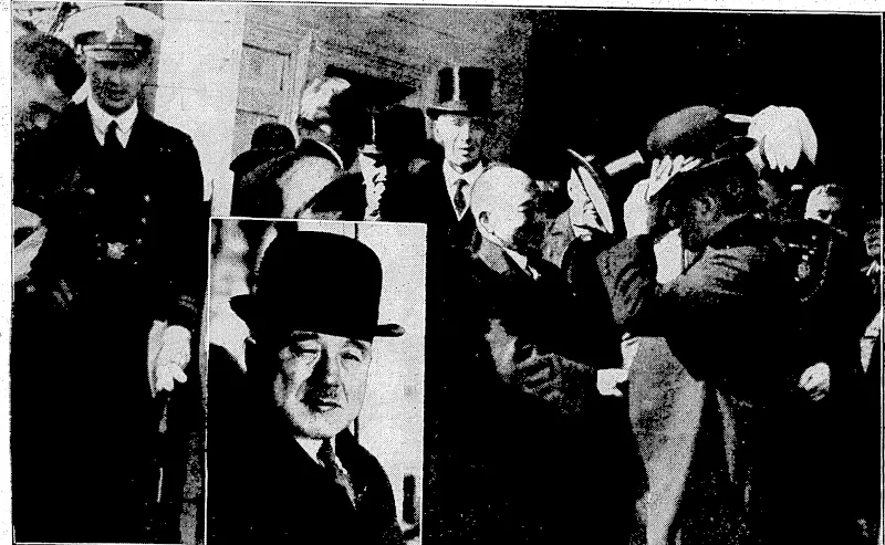 r ' . – ■"Evening Post" Photo. JAPANESE-GOOD-WILL DELEGATION WELCOMED AT WELLINGTON.—Mr.; TJ R. Barrer'. chair■vmn'ofnhe-Wellington'Harbour Board,; welcoming-Mr. K. Debuchi, Ambassador Extraordinary and ■Plenipotentiary, iWho heads the Japanese Good-will Mission, the members-of-which-arrived this morning -■•-•• ■,• .• by the Marama. Inset,-Mr. KatsujL Debuchi. .. .... .. ....". , \, ■' (Evening Post, 19 August 1935)