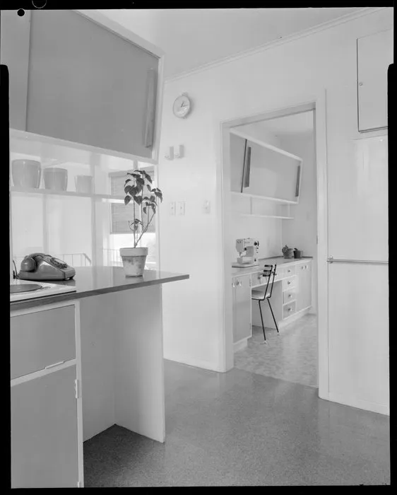 House interior, kitchen and sewing room, Shuker house, Titahi Bay, Porirua