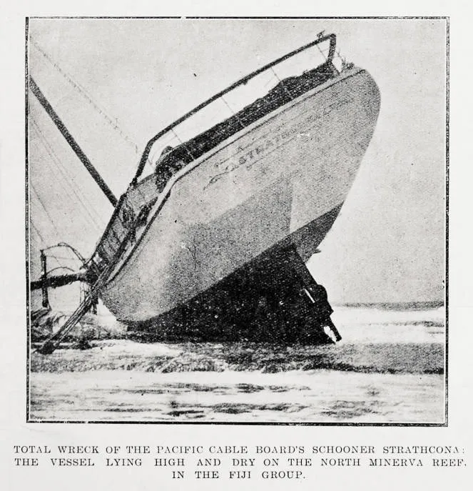 Total wreck of the Pacific Cable Board's schooner Strathcona: the vessel lying high and dry on the North Minerva reef, in the Fiji Group