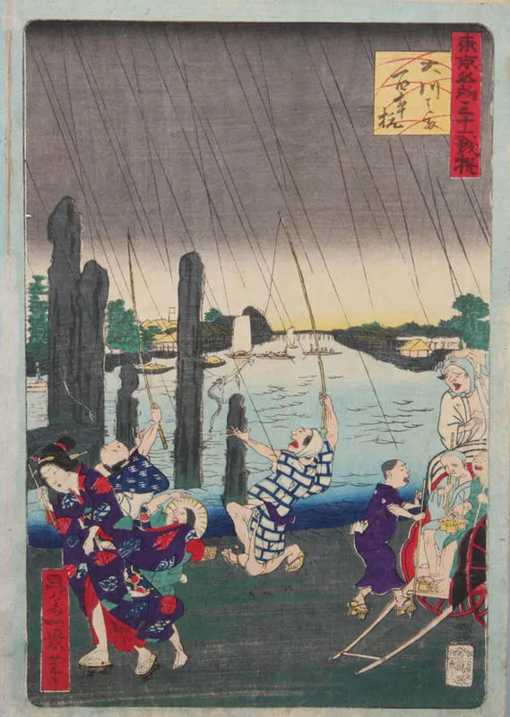 Two boys, fishing in the rain, catch the same eel