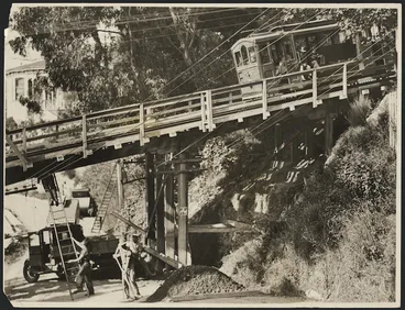 Image: Kelburn cable car on the Everton Terrace bridge, Wellington, New Zealand.