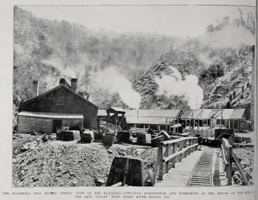 THE BLACKBALL COAL MINERS' STRIKE: VIEW OF THE BLACKBALL COMPANY'S ENGINEHOUSE AND WORKSHOPS AT THE MOUTH OF THE MINE IN THE GREY VALLEY, WEST COAST, SOUTH ISLAND, N.Z. Image: THE BLACKBALL COAL MINERS' STRIKE: VIEW OF THE BLACKBALL COMPANY'S ENGINEHOUSE AND WORKSHOPS AT THE MOUTH OF THE MINE IN THE GREY VALLEY, WEST COAST, SOUTH ISLAND, N.Z.