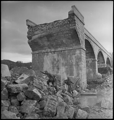 Image: Close up of wreckage of bridge demolished by Germans in Italy, World War II - Photograph taken by George Kaye