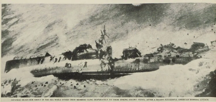 Japanese escort vessel sinks after a recent successful American bombing attack