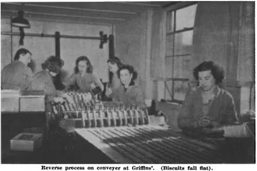 Image: Reverse process on conveyer at Griffins'. (Biscuits fall flat)