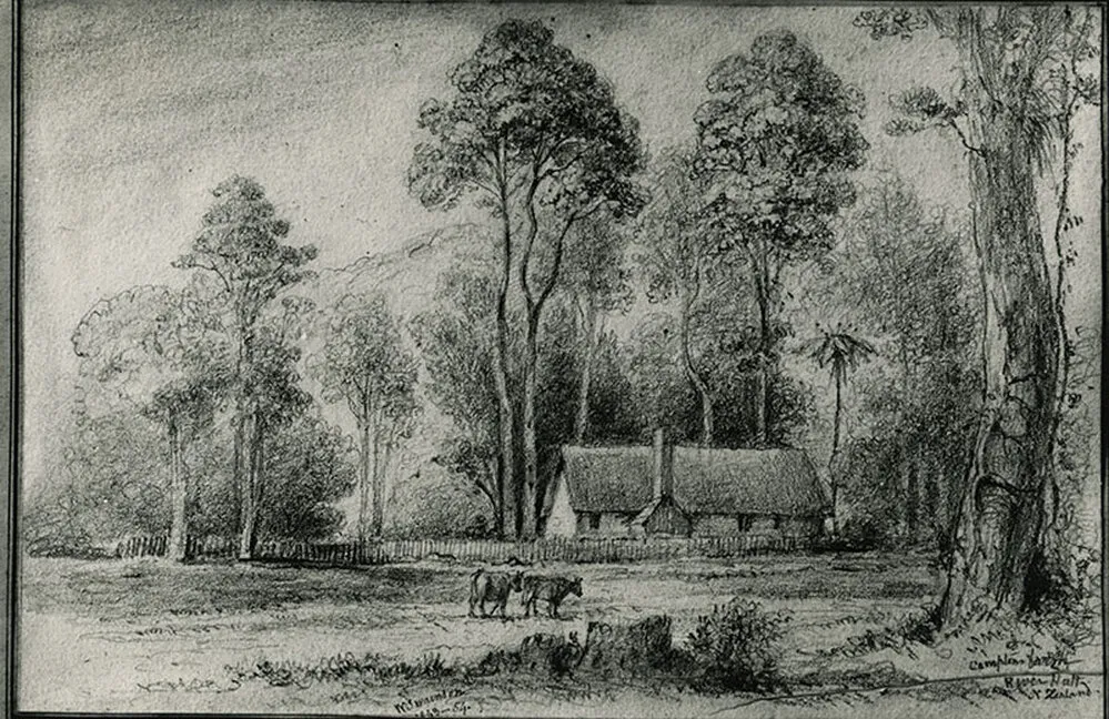 Compton's farm, Te Awa Kairangi / Hutt River, New Zealand; pencil sketch by W. Swainson.