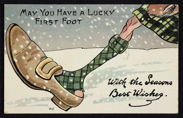 Image: May you have a lucky first foot; with the season's best wishes. Post card, "National" series no. 715, Made in Gt Britain [Postmarked 1909]
