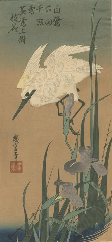 A White Heron Landing Behind a Clump of Sweet Flags