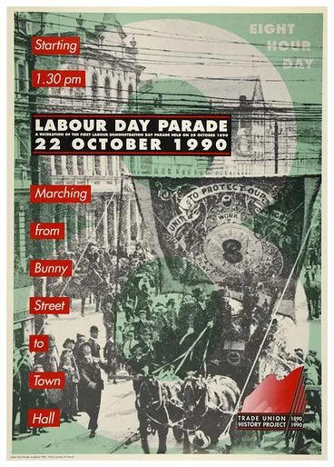 Poster celebrating 100 years of Labour Day Parades, 1990 Image: Poster celebrating 100 years of Labour Day Parades, 1990