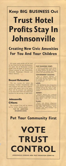 Johnsonville Licensing Area Trust. Promotion Committee :Keep big business out. Trust hotel profits stay in Johnsonville. Vote Trust control. [1966-67].