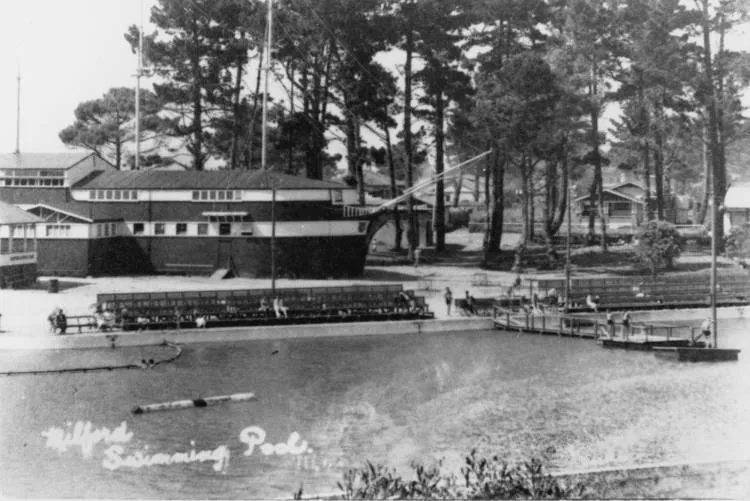 Milford Beach Reserve with Pirate Shippe and swimming pool.
