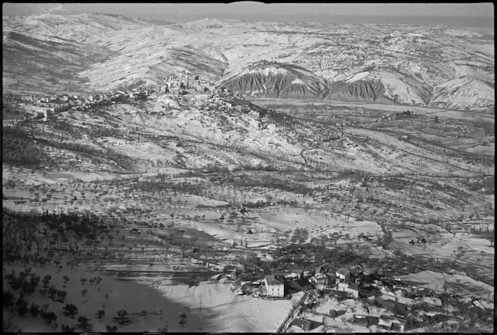 Aerial view showing the Sangro River in the valley below, Italy - Photograph taken by George Kaye