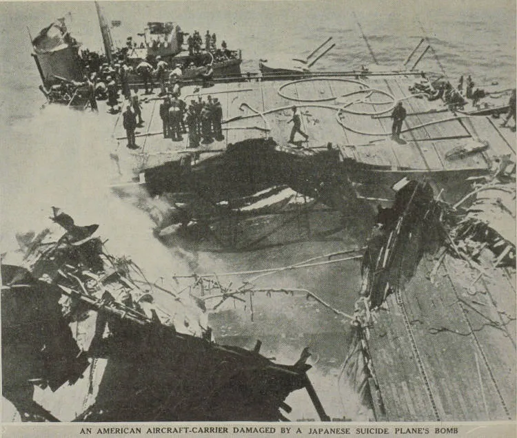 An American aircraft-carrier damaged by a Japanese suicide plane's bomb