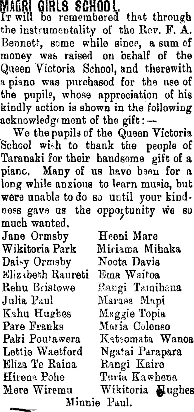 MAORI GIRLS SCHOOL. (Taranaki Daily News 20-10-1903)