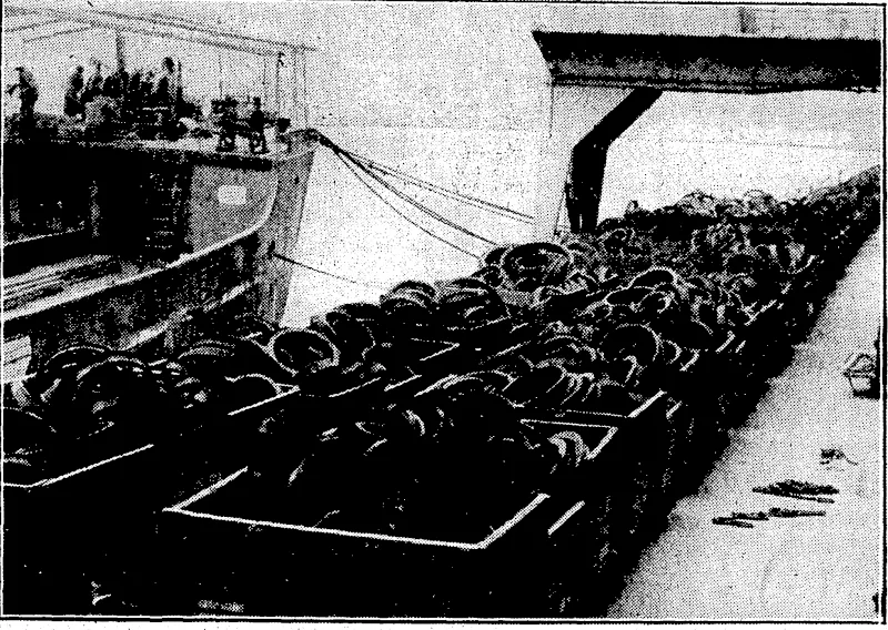 A ' ■'■■•■' ' • "■ ■■ :. – – .-» '•■ ■■. ~ .'■ .''Evening Post Photo. * 'SCRAP,METAL: FOR JAPAN.-Some of the 'old railway, runs and other scrap metal ' which\is being loaded on to the Japanese steamer Shinnoh Maru- at the Pipitea, Wharf. Eighteen hundred tons of this ..-..."..'•■ '■'.-'-.: "-'.. junk" is. to betaken from Wellington. \ ••-...■'-.' -.. .-; (Evening Post, 28 December 1932)