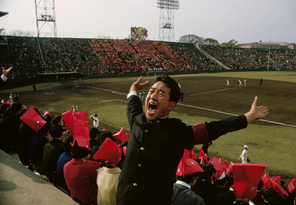 Cheerleader at a Waseda University versus Keio University baseball game, Tokyo. Taken for a series on Japan for ‘Life’