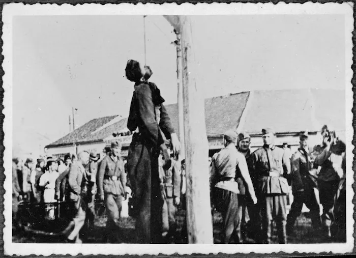 Captured German film showing publicly hanged man, possibly in Belgrade, World War II