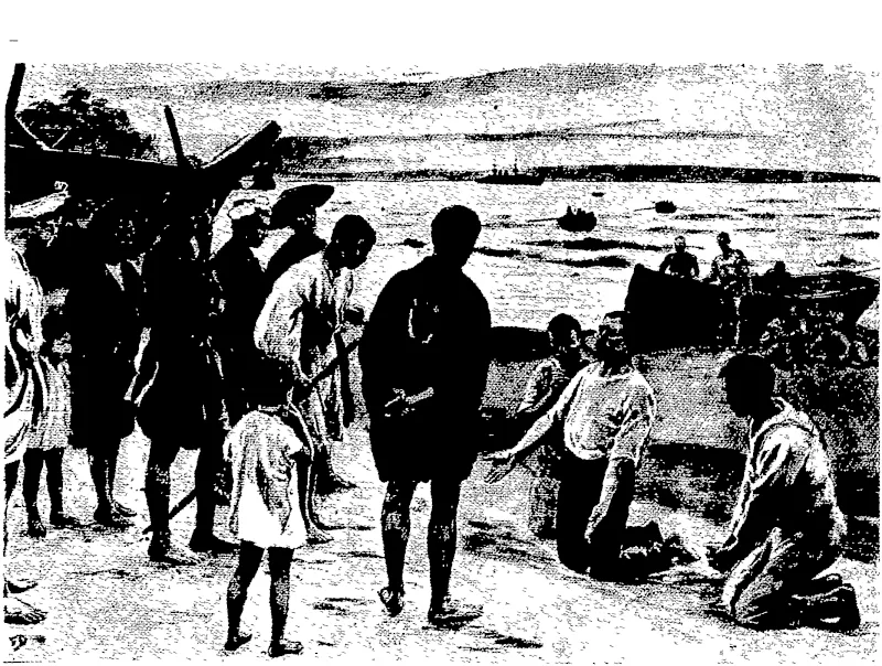 AN INCIDENT OF THE LATE WAX: RUSSIAN SAILORS FROM THE BALTIC FLEET STRANDED ON THE JAPANESE COAST.  After tiie great naval defeat, numbers of Russians who had escaped from their shattered vessels before they sank beneath the destructive Japanese fire sought refuge in boats, and in smail companies drifted ashore. They landed, in many cases, in out of the way places on the coast of Japan, and though they feared greatly what treatment the islanders would mete out to them, they were kindly dealt with.  (From the Graphic.) (Otago Witness, 27 September 1905)