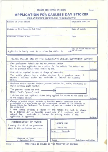 Image: Application for carless day sticker, 1979-1980