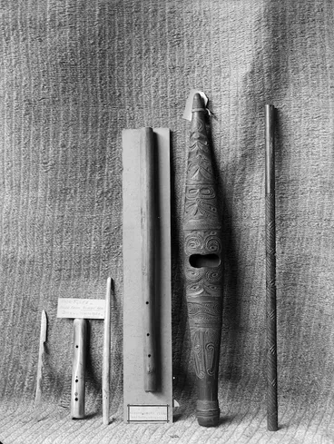 Image: Flutes used by Maori, and a bone spear barb