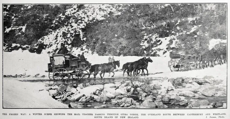 The frozen way : a winter scene showing the mail coaches passing through Otira Gorge, the overland route between Canterbury and Westland, South Island of New Zealand
