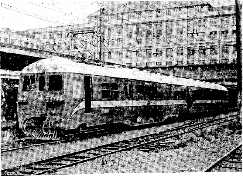 Evening Post" Photo. One of the multiple units of the new blue and silver electric train, which ivere tested on the Wellington- Johnsonville line this morning. The train may be composed of multiple electric units, or power units may be operated separately. They will be employed between Wellington and Johnsonville and Wellington and Paekakanki. The test this morning ivas an unofficial one," (Evening Post, 26 April 1938)