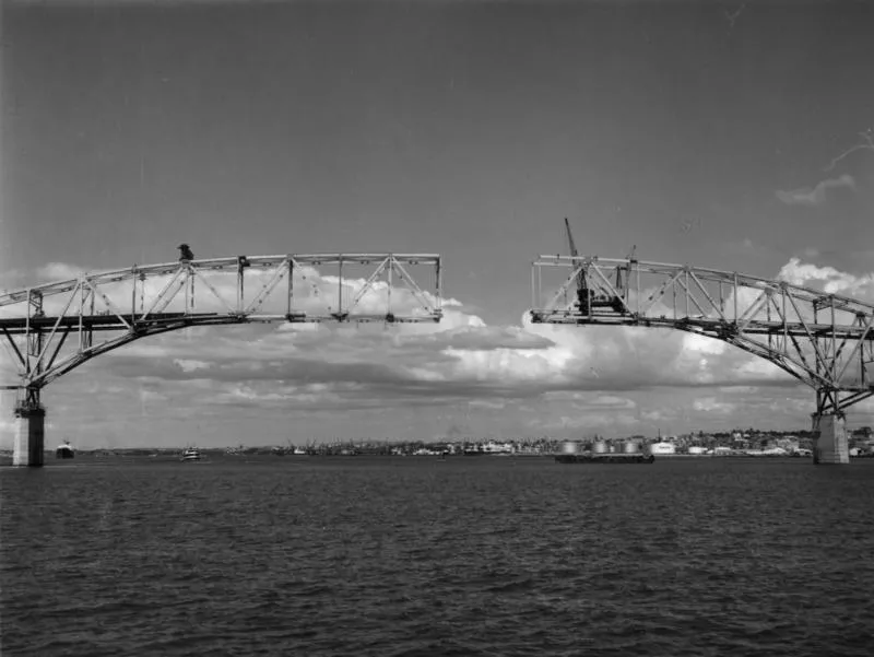 Auckland harbour bridge under construction, 1958