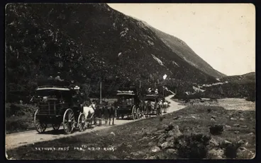 Image: Three stagecoaches on road through Arthur's Pass.