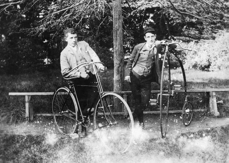 Mr Lawson and A J Grave with Bicycle and Penny Farthing