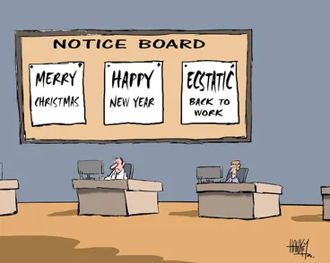 Image: Notice board: Merry Christmas. Happy New Year. Ecstatic back to work. 5 January 2010