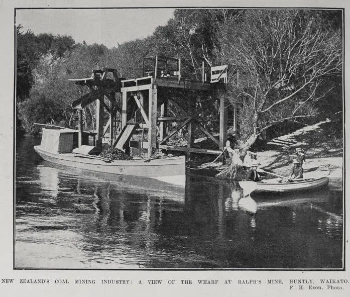 NEW ZEALAND'S COAL MINING INDUSTRY: A VIEW OF THE WHARF AT RALPH'S MINE, HUNTLY, WAIKATO