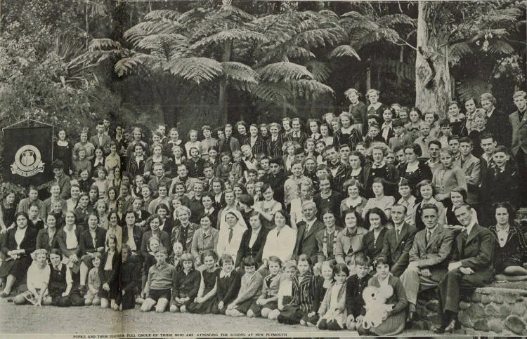 Pupils and their teachers: a full group of those who are attending the school at New Plymouth