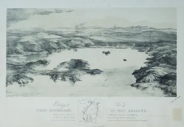 Image: Birdseye view of Port Nicholson, in New Zealand, shewing the site of the town of Wellington, the river and valley of the Hutt and adjacent country, taken from the charts and drawings made during Col.l Wakefield’s survey and now in the possession of the Ne