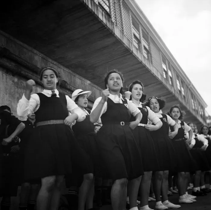 Girls from Tokomaru Bay School singing an action song in Wellington
