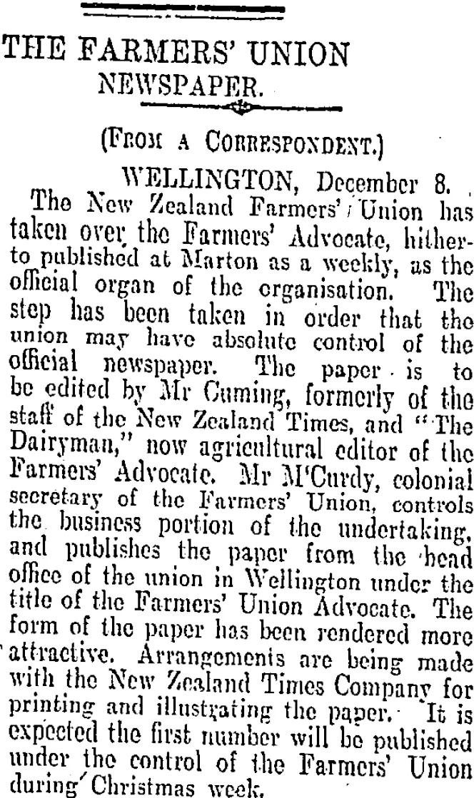 THE FARMERS' UNION NEWSPAPER. (Otago Daily Times 9-12-1905)