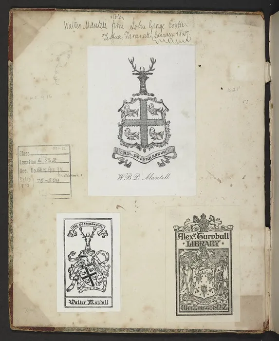 Mantell, Walter Baldock Durrant, 1820-1895 :[Inside front cover of sketchbook] Walter Mantell (stolen) from John George Cooke, TeHua, Taranaki, January 1847. [Bookplates of] Walter Mantell, Alexander Turnbull Library [1851-1852]