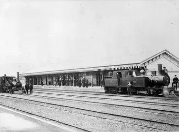 Image: Lambton Station, Wellington, and two steam locomotives