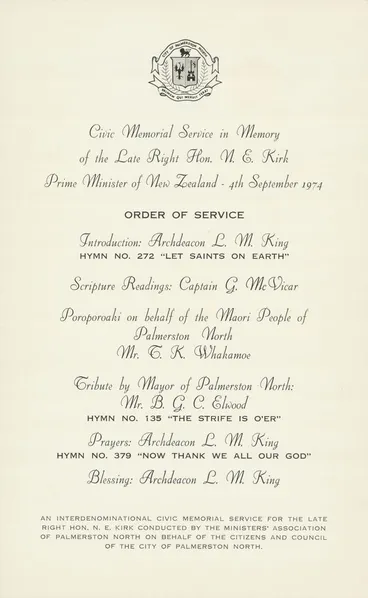 Image: Order of Service for Memorial Service in memory of Norman Kirk