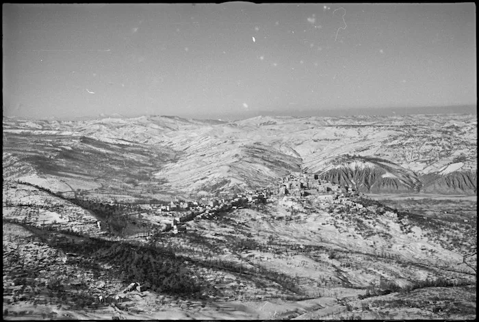 Aerial view of a town set above the Sangro River, Italy - Photograph taken by George Kaye