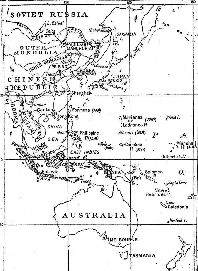 This map shows, by the cross-lining, the Netherlands East Indies and also the island possessions of the U.S.A. and Japan (mostly under mandate). (Evening Post, 19 April 1940)