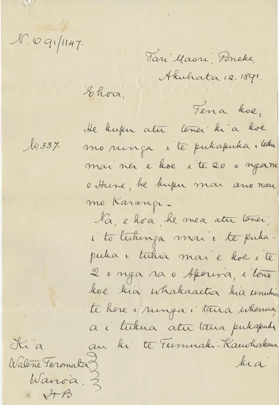 Letter, Watene Toromata