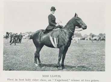 Image: Miss Lloyd, first in best lady rider class, on 'Vagabond,' winner of two prizes