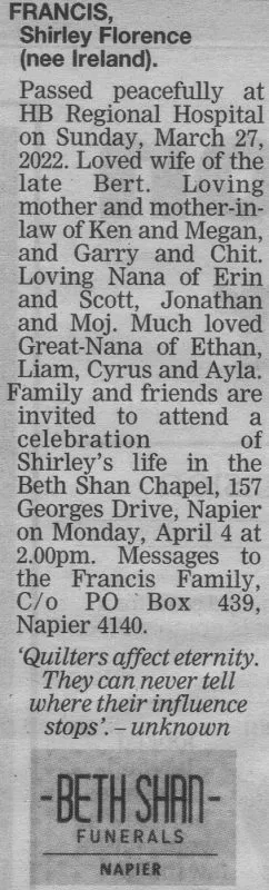 Francis, Shirley Florence Death Notice (Hawke's Bay Today)