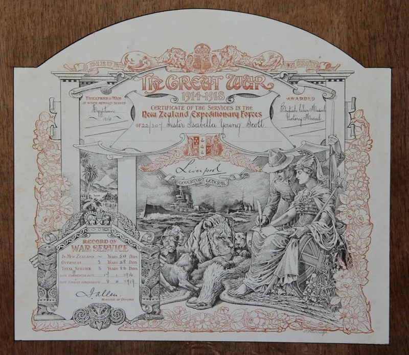 Certificate of Service, New Zealand Expeditionary Forces, Sister Isabella Scott