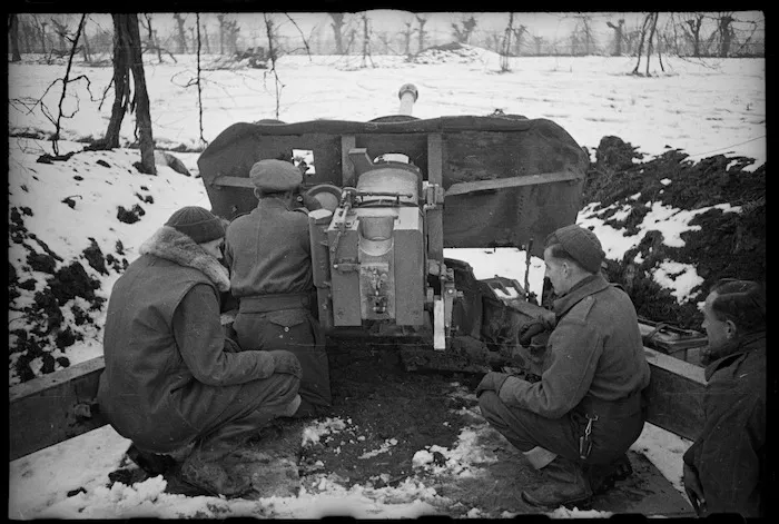 New Zealand anti-tank crew during World War II, in a forward area between Faenza and the Senio River, Italy - Photograph taken by George Kaye