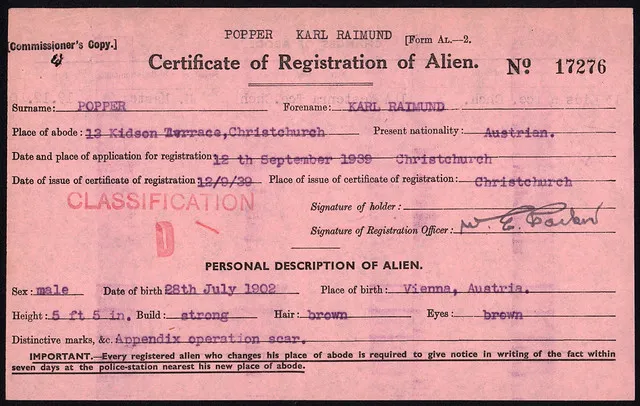 Karl Raimund Popper: Certificate of Registration of Alien