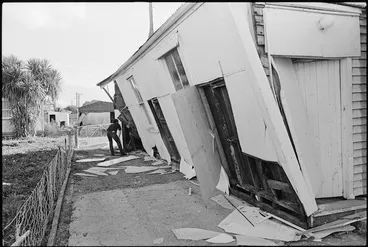 Image: Builder's premises, Tawa Street, Edgecumbe, damaged by earthquake - Photograph taken by John Nicholson