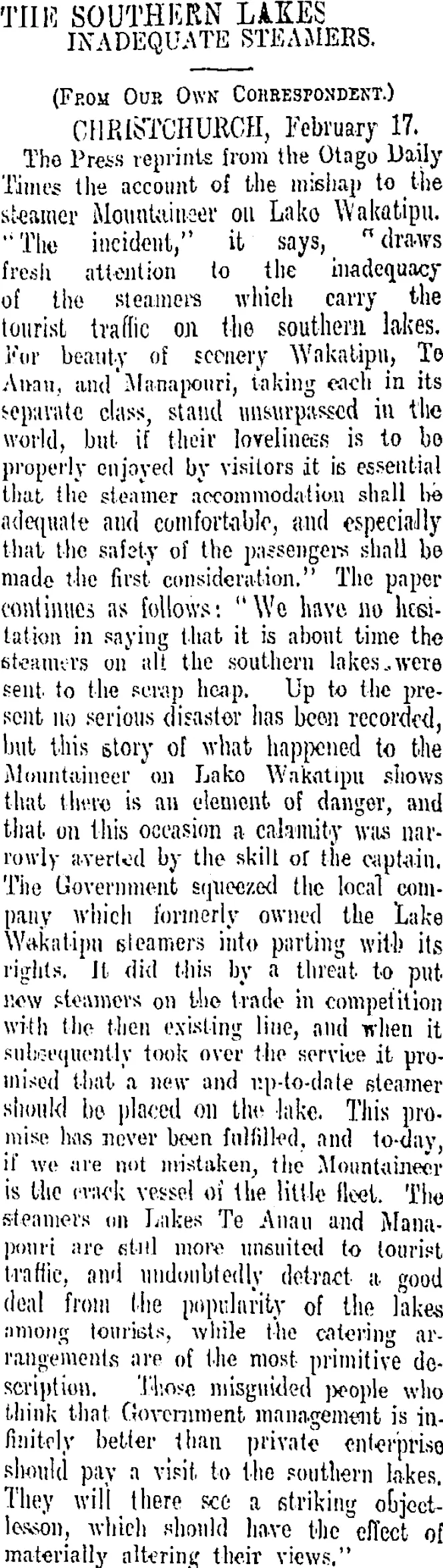 THE SOUTHERN LAKES. (Otago Daily Times 18-2-1909)