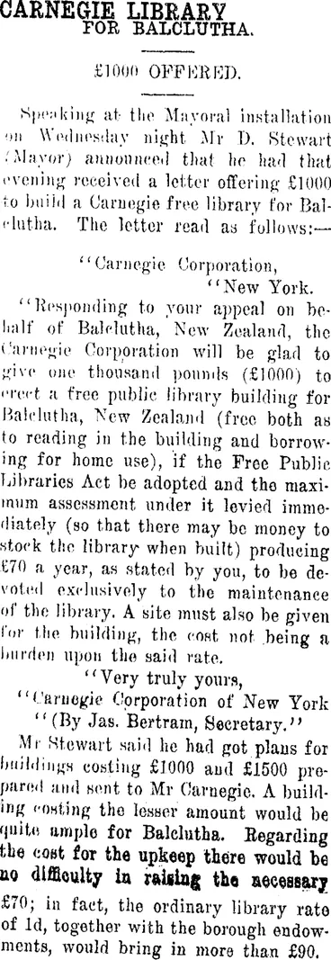 Image: CARNEGIE LIBRARY. (Clutha Leader 9-5-1913)