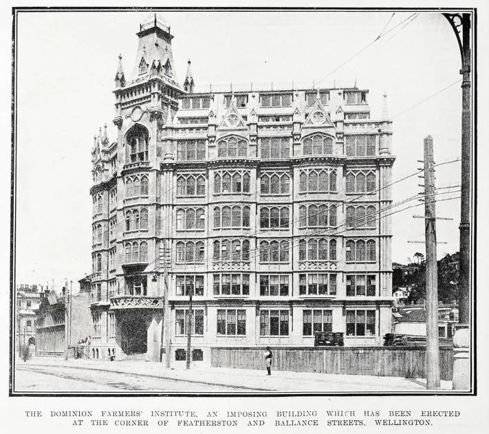 The Dominion Farmers Institute, an imposing building which has been erected at the corner of Featherston and Ballance Streets, Wellington